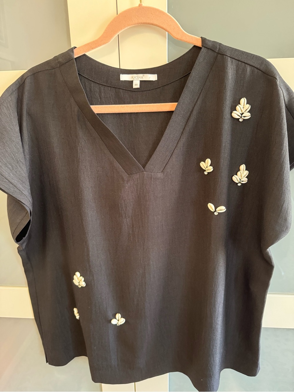 KASHA Black V-Neck Embellished Top